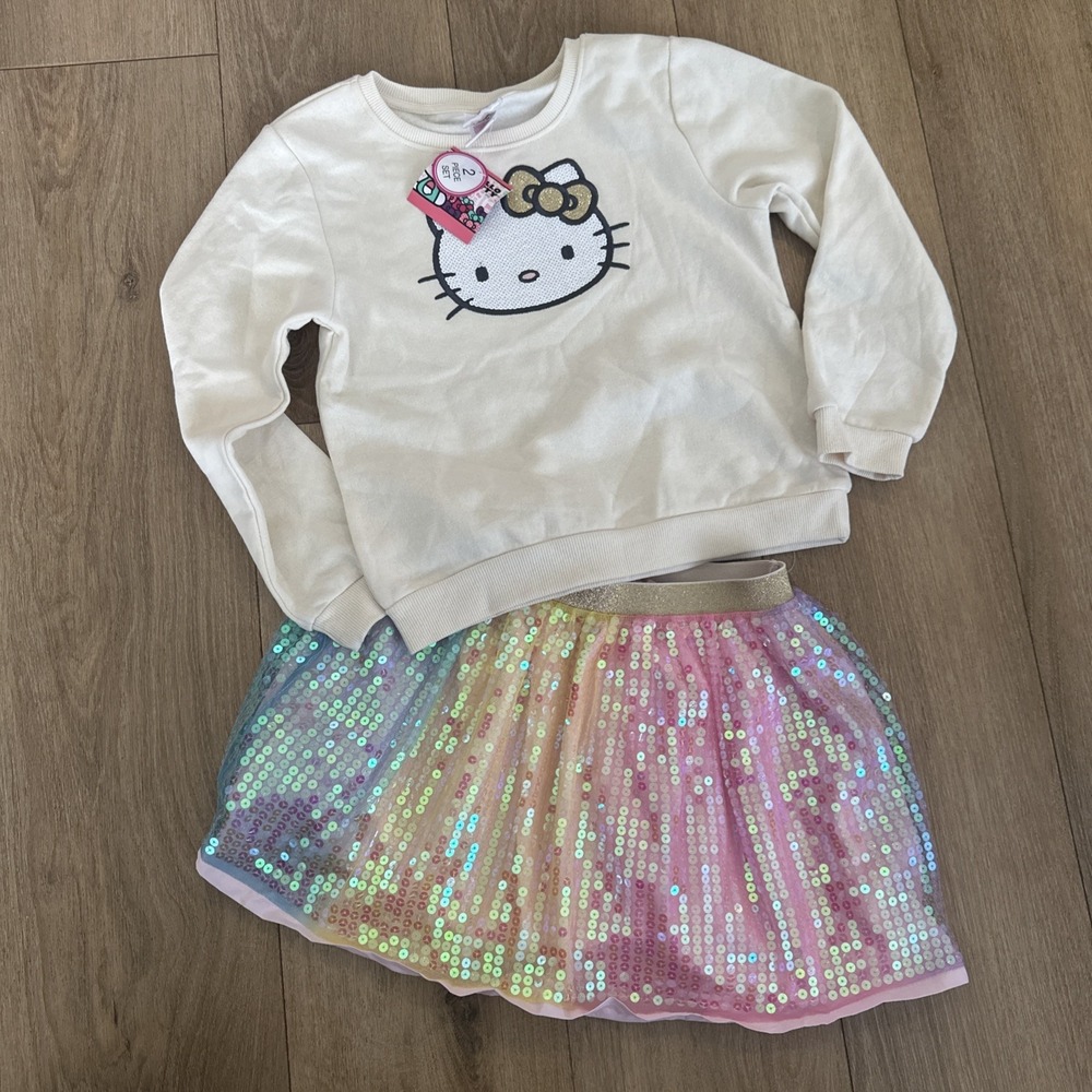 Sanio HELLO K ITTY Girls 10 Ivory Sweatshirt & Sequined Lined Skirt Set Colorful